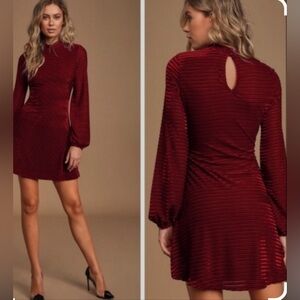 Lulu's Ticket to Chic Burgundy Striped Velvet Balloon Sleeve Mini dress